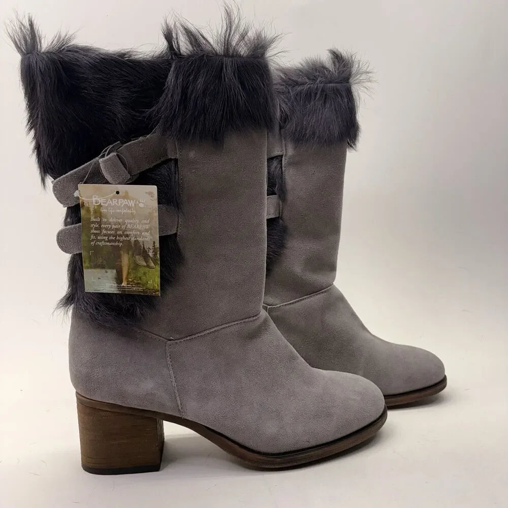 BEARPAW Madeline Boots Women 13 Gray Suede Goat Fur Fleece Block Heel NIB